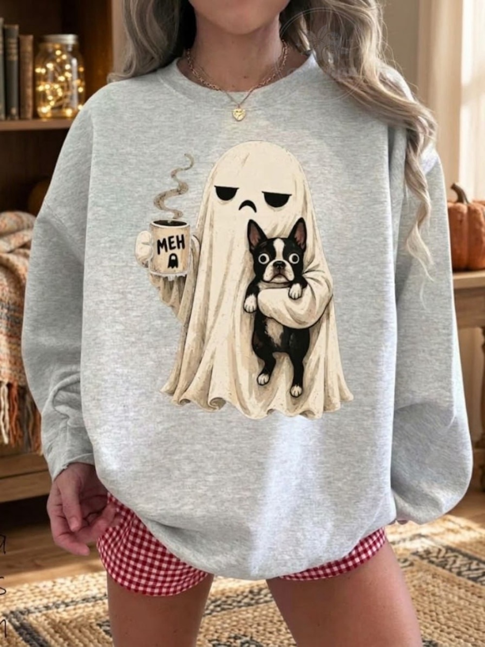 AshGrey Ghost & Boston Terrier Graphic Sweatshirt